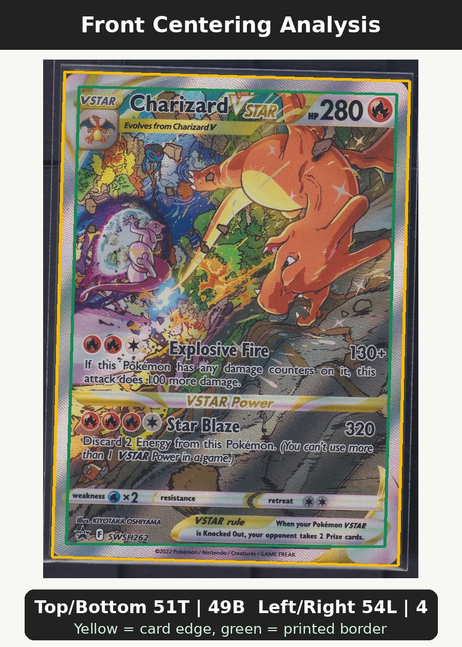 Charizard VSTAR SWSH262/307 SWSH Black Star Promos front centering analysis showing Top/Bottom 51T | 49B and Left/Right 54L | 46R.