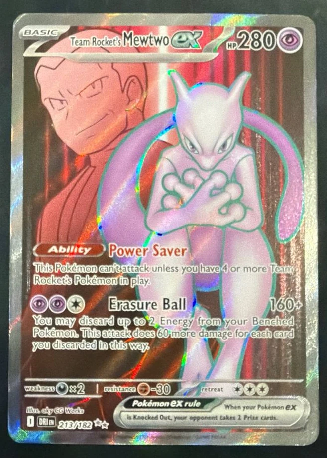 Team Rocket's Mewtwo ex 213/182 Destined Rivals front card photo in PokeToGrade pregrading report