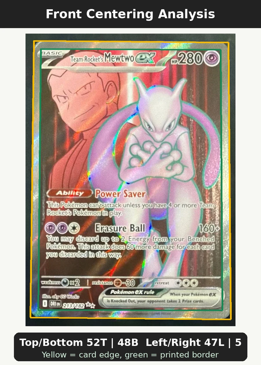 Team Rocket's Mewtwo ex 213/182 Destined Rivals front centering analysis showing Top/Bottom 52T | 48B and Left/Right 47L | 53R.