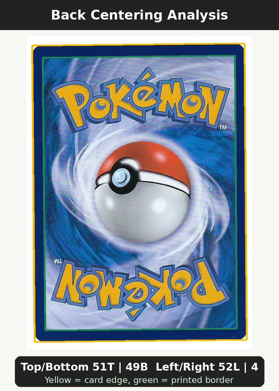 Charizard 014/181 Team Up back centering analysis showing Top/Bottom 51T | 49B and Left/Right 52L | 48R.