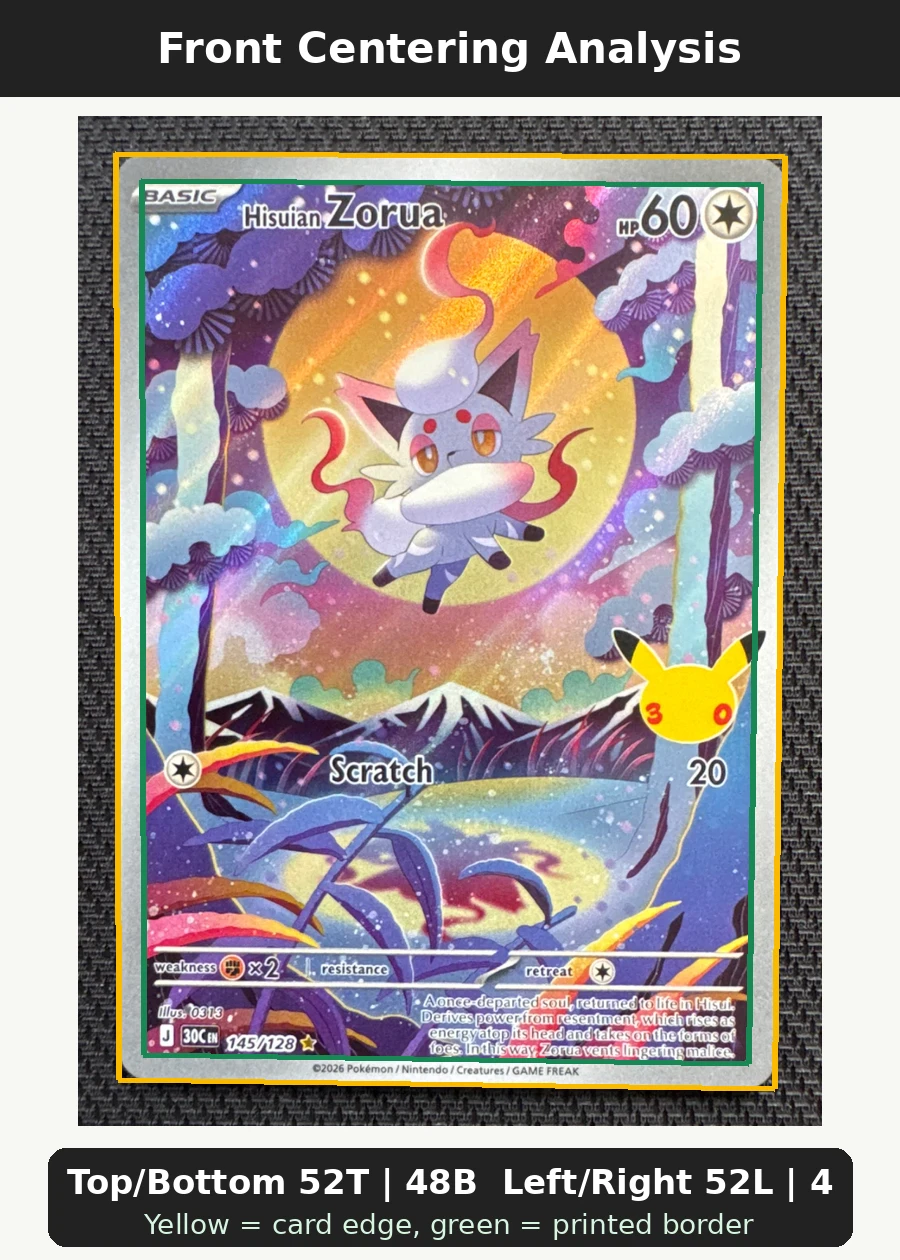 Hisuian Zorua 145/128 30th Celebration front centering analysis showing Top/Bottom 52T | 48B and Left/Right 52L | 48R.