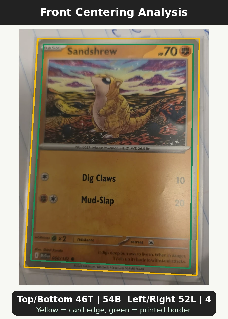 Sandshrew 068/132 Mega Evolution front centering analysis showing Top/Bottom 46T | 54B and Left/Right 52L | 48R.