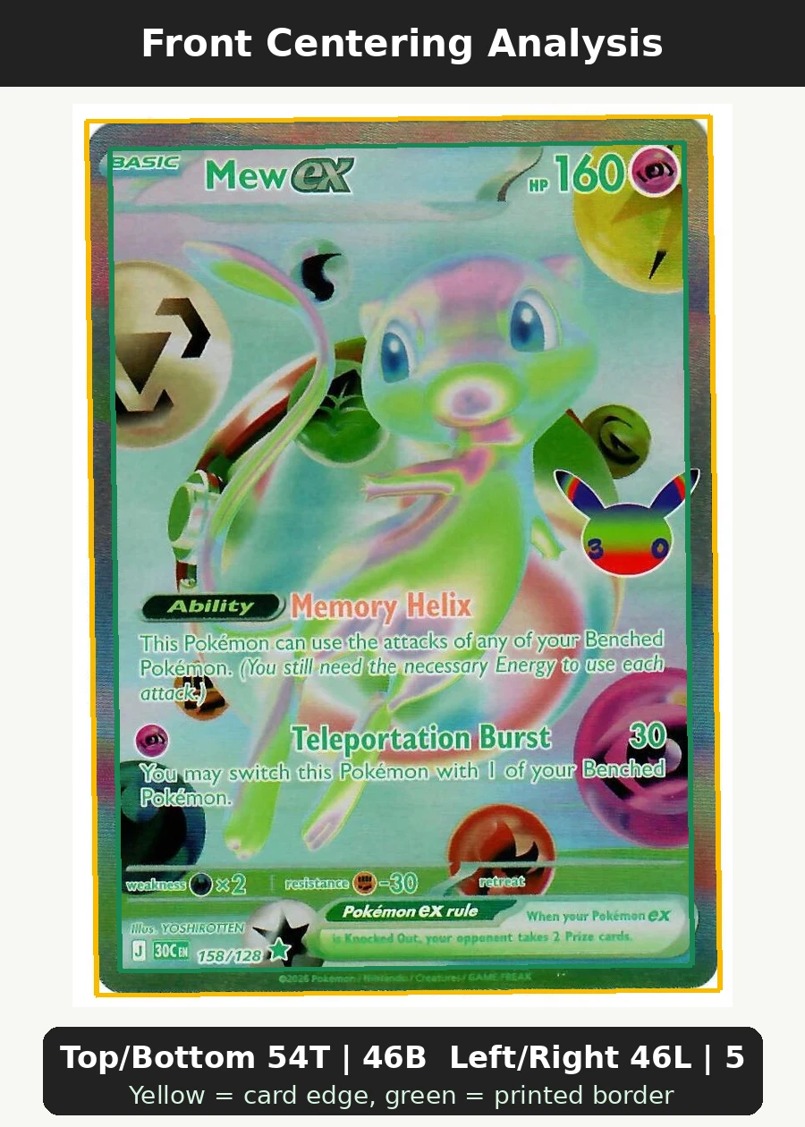 Mew ex 158/128 30th Celebration front centering analysis showing Top/Bottom 54T | 46B and Left/Right 46L | 54R.