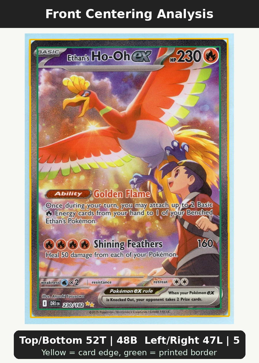 Ethan's Ho-Oh ex 230/182 Destined Rivals front centering analysis showing Top/Bottom 52T | 48B and Left/Right 47L | 53R.