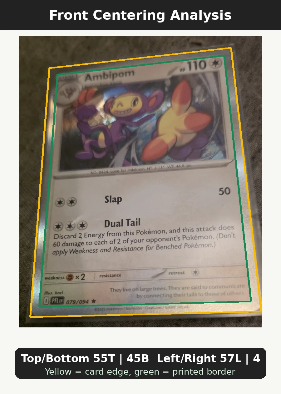 Ambipom 079/94 Phantasmal Flames front centering analysis showing Top/Bottom 55T | 45B and Left/Right 57L | 43R.