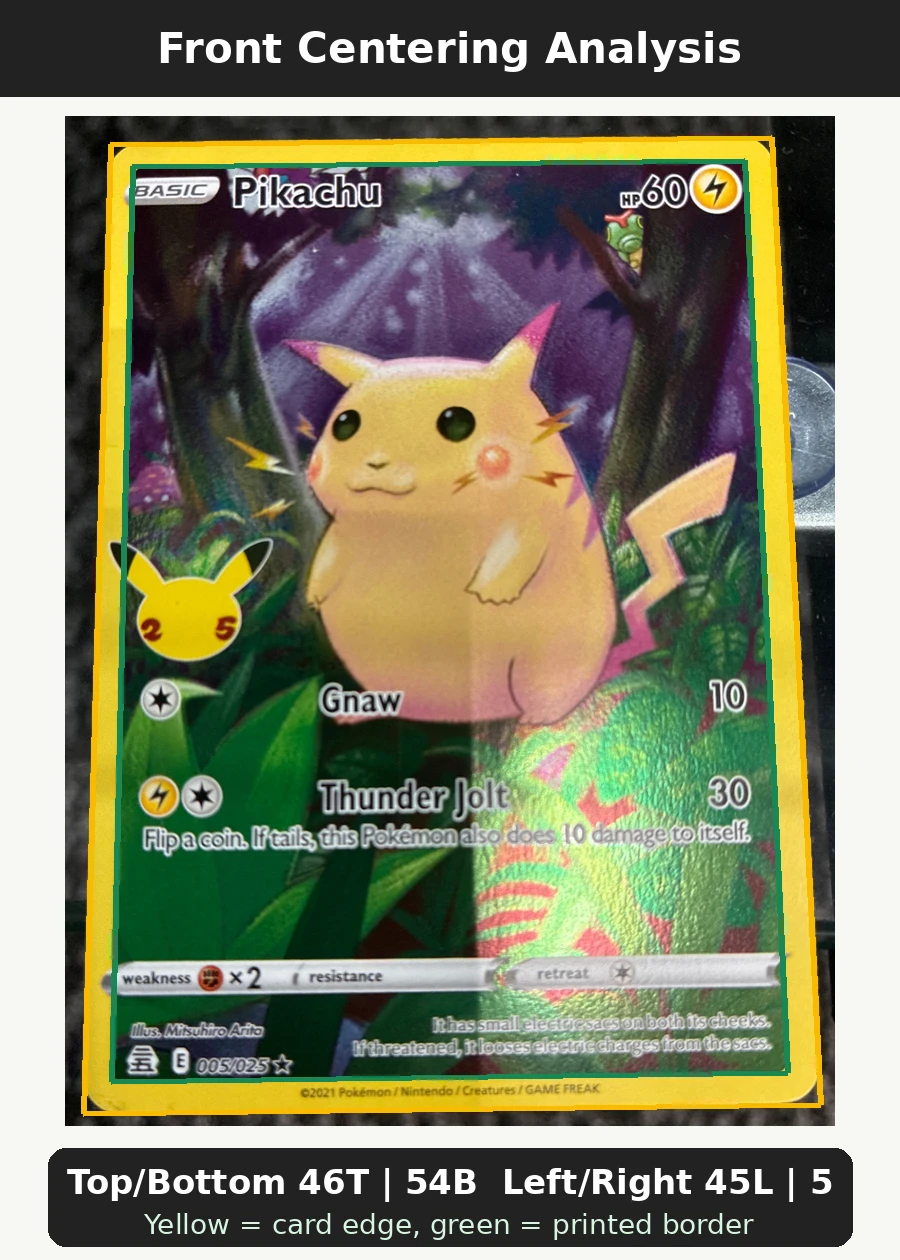 Pikachu 005/25 Celebrations front centering analysis showing Top/Bottom 46T | 54B and Left/Right 45L | 55R.