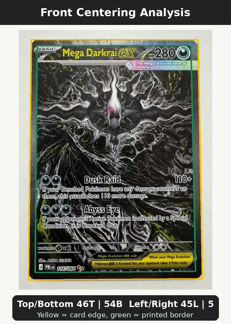 Mega Darkrai ex 116/84 Pitch Black front centering analysis showing Top/Bottom 46T | 54B and Left/Right 45L | 55R.