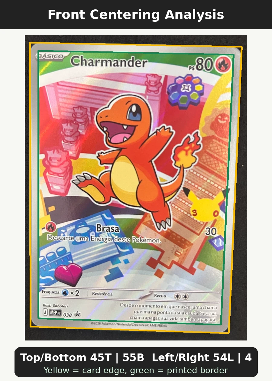 Charmander 038 MEP Black Star Promos front centering analysis showing Top/Bottom 45T | 55B and Left/Right 54L | 46R.