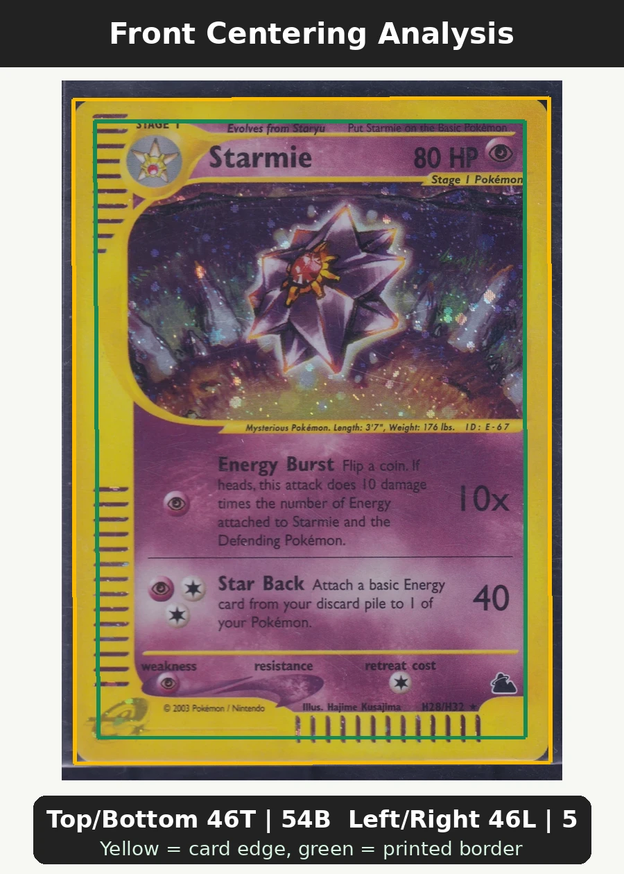 Starmie H28/144 Skyridge front centering analysis showing Top/Bottom 46T | 54B and Left/Right 46L | 54R.