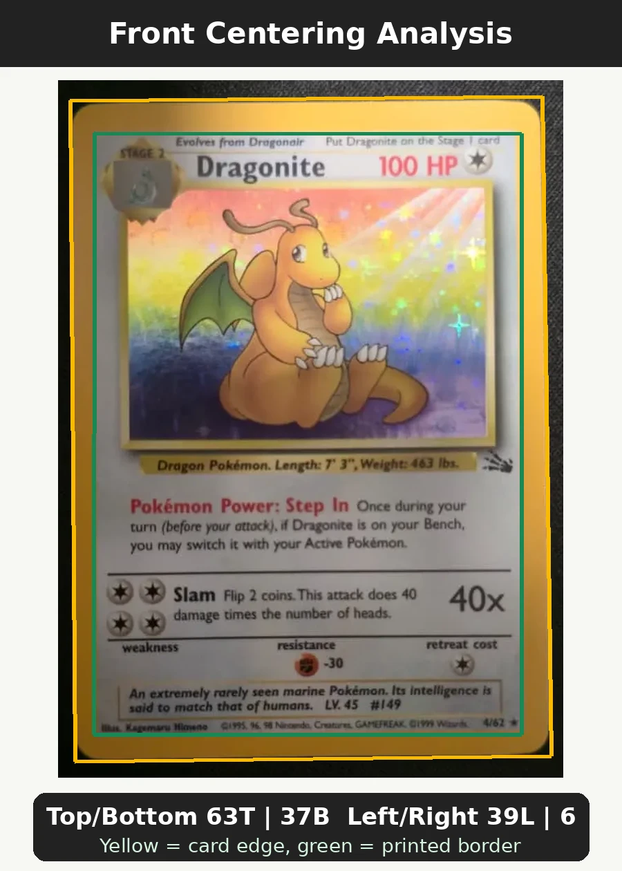 Dragonite 004/62 Fossil front centering analysis showing Top/Bottom 63T | 37B and Left/Right 39L | 61R.