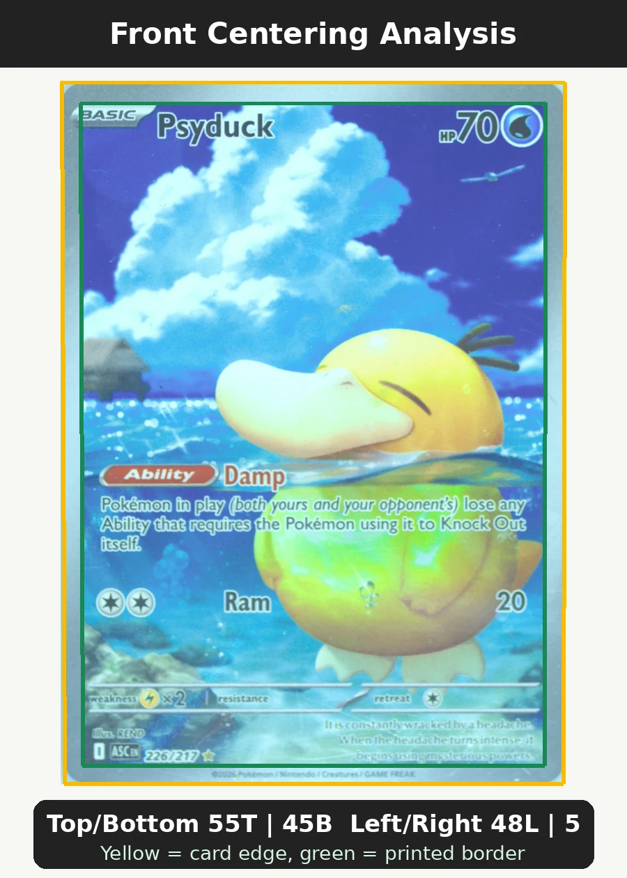 Psyduck 226/217 Ascended Heroes front centering analysis showing Top/Bottom 55T | 45B and Left/Right 48L | 52R.