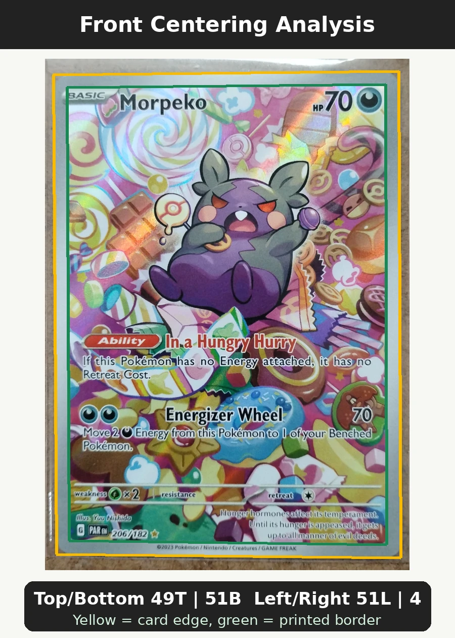 Morpeko 206/182 Paradox Rift front centering analysis showing Top/Bottom 49T | 51B and Left/Right 51L | 49R.