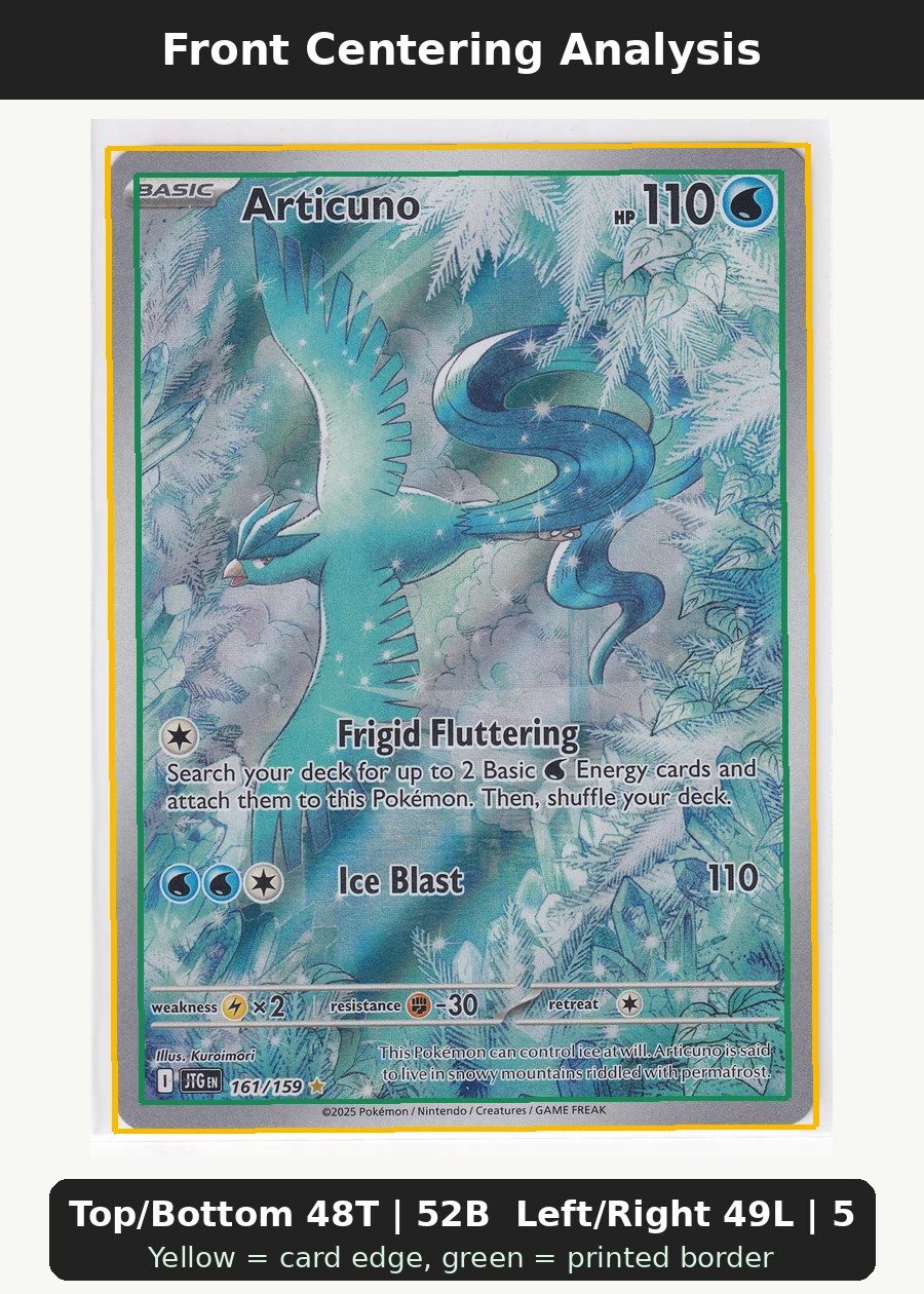 Articuno 161/159 Journey Together front centering analysis showing Top/Bottom 48T | 52B and Left/Right 49L | 51R.