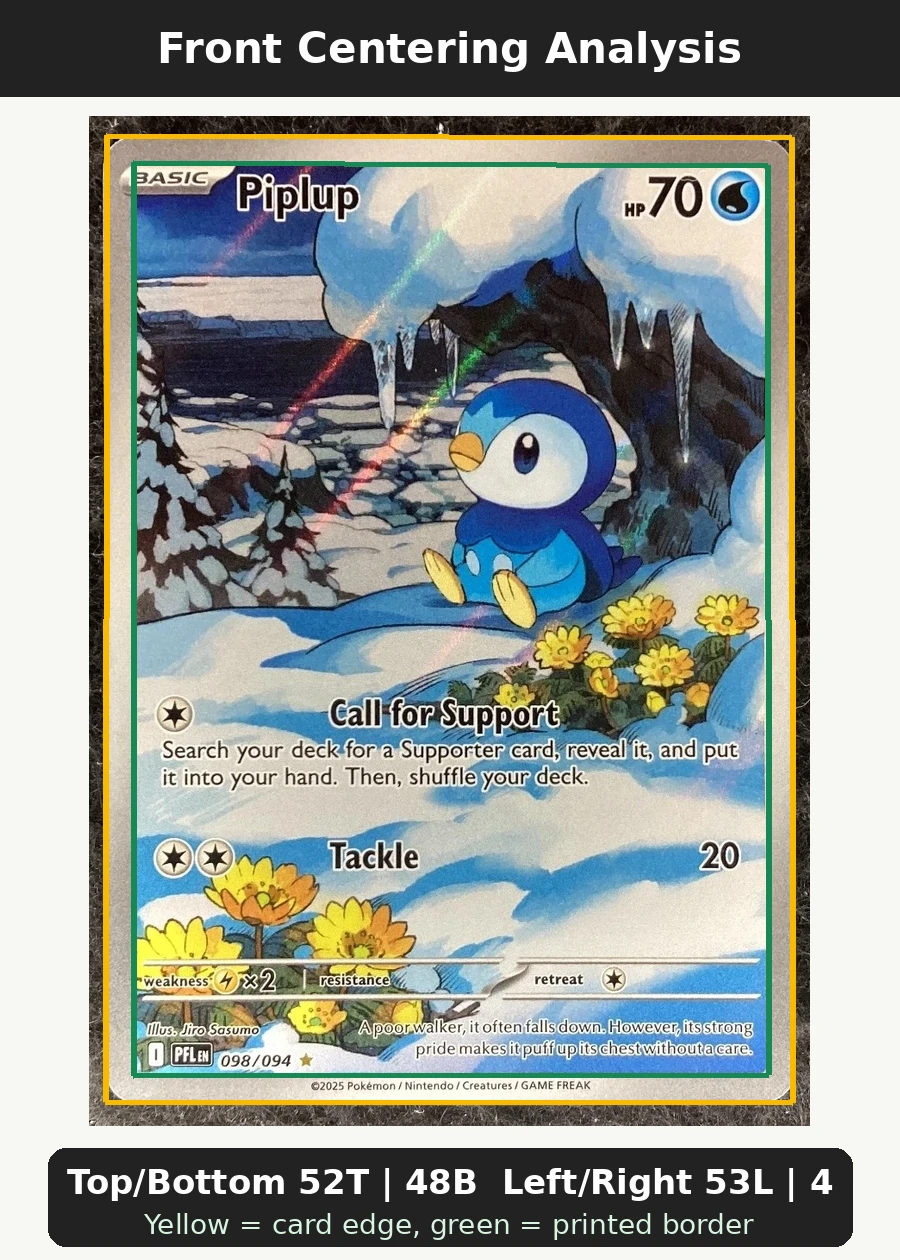Piplup 098/94 Phantasmal Flames front centering analysis showing Top/Bottom 52T | 48B and Left/Right 53L | 47R.