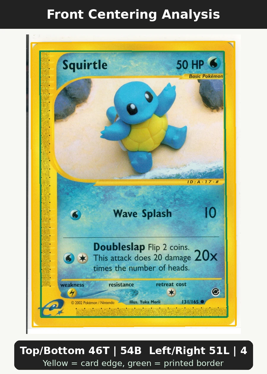 Squirtle 131/165 Expedition Base Set front centering analysis showing Top/Bottom 46T | 54B and Left/Right 51L | 49R.