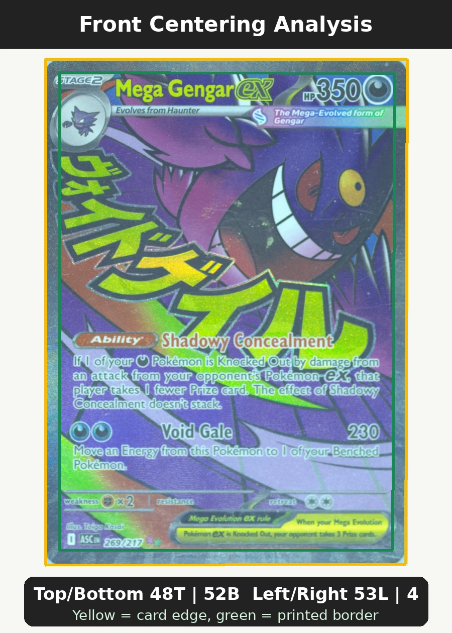 Mega Gengar ex 269/217 Ascended Heroes front centering analysis showing Top/Bottom 48T | 52B and Left/Right 53L | 47R.