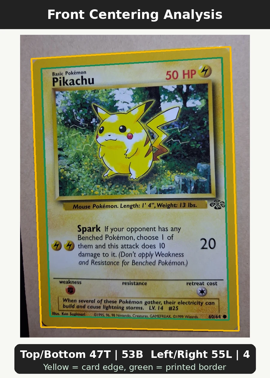 Pikachu 060/64 Jungle front centering analysis showing Top/Bottom 47T | 53B and Left/Right 55L | 45R.