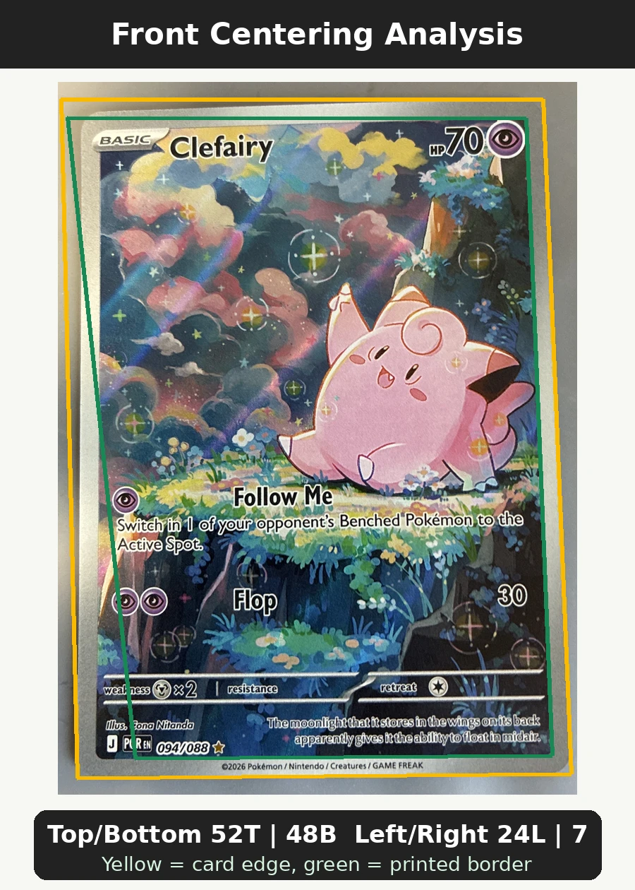 Clefairy 094/88 Perfect Order front centering analysis showing Top/Bottom 52T | 48B and Left/Right 24L | 76R.