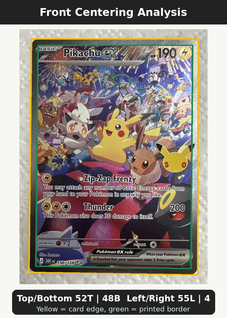 Pikachu ex 150/128 30th Celebration front centering analysis showing Top/Bottom 52T | 48B and Left/Right 55L | 45R.