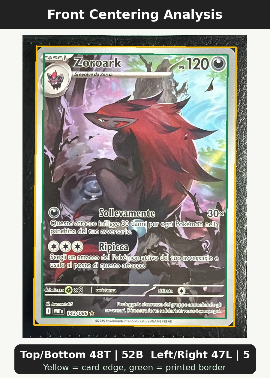 Zoroark 143/86 White Flare front centering analysis showing Top/Bottom 48T | 52B and Left/Right 47L | 53R.