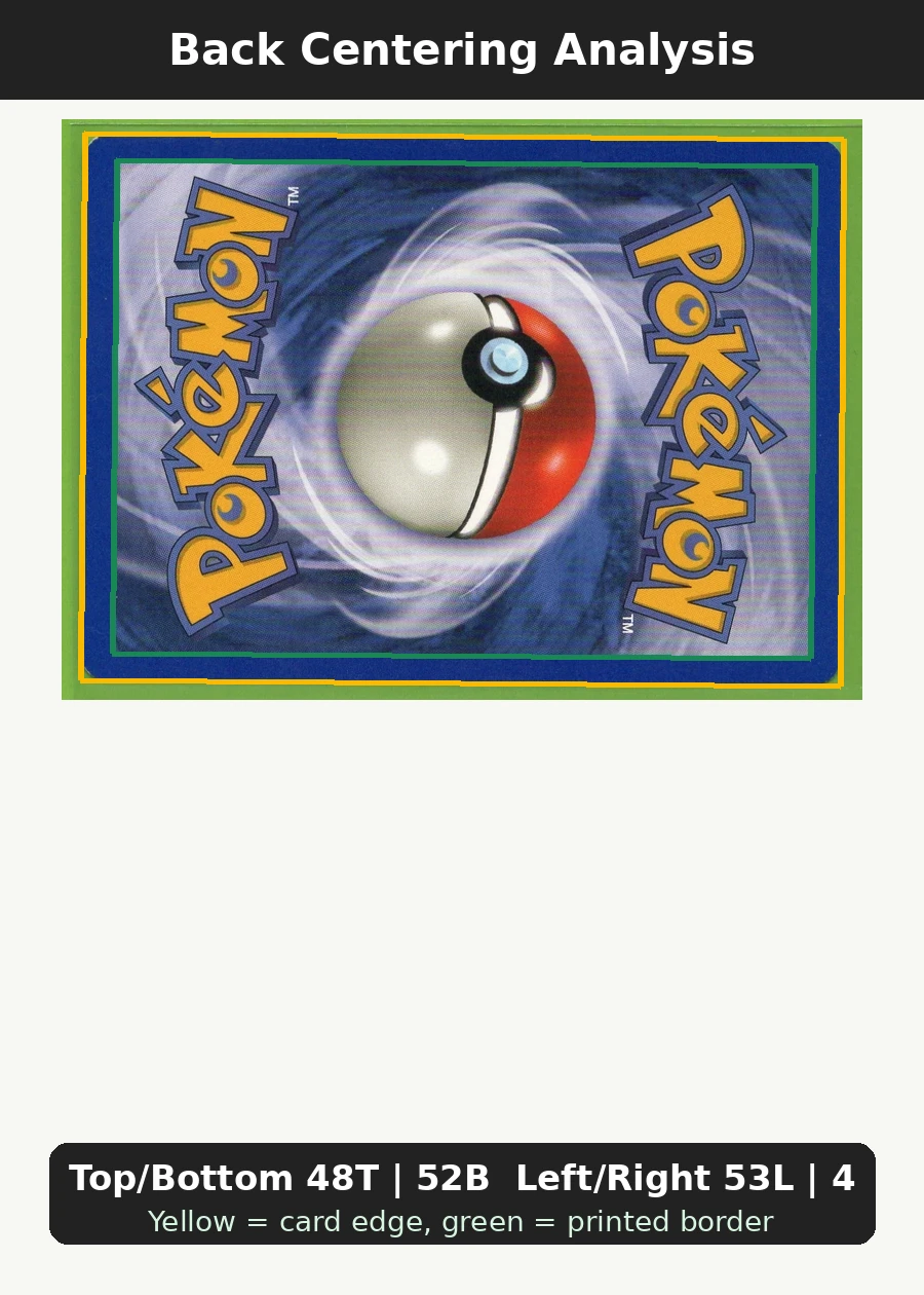 Shining Noctowl 110/105 Neo Destiny back centering analysis showing Top/Bottom 48T | 52B and Left/Right 53L | 47R.