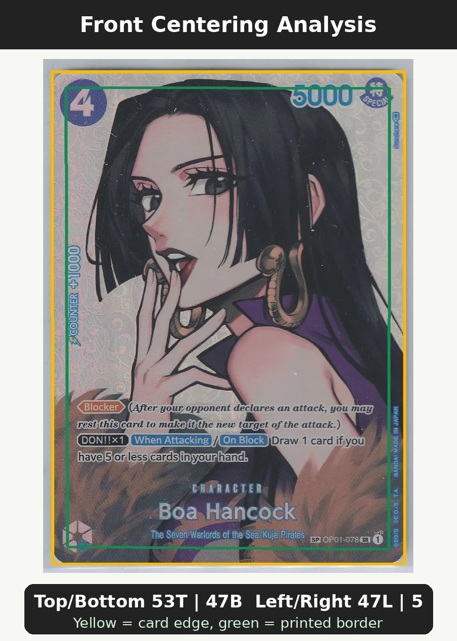 Boa Hancock · SP OP01-078 Romance Dawn front centering analysis showing Top/Bottom 53T | 47B and Left/Right 47L | 53R.
