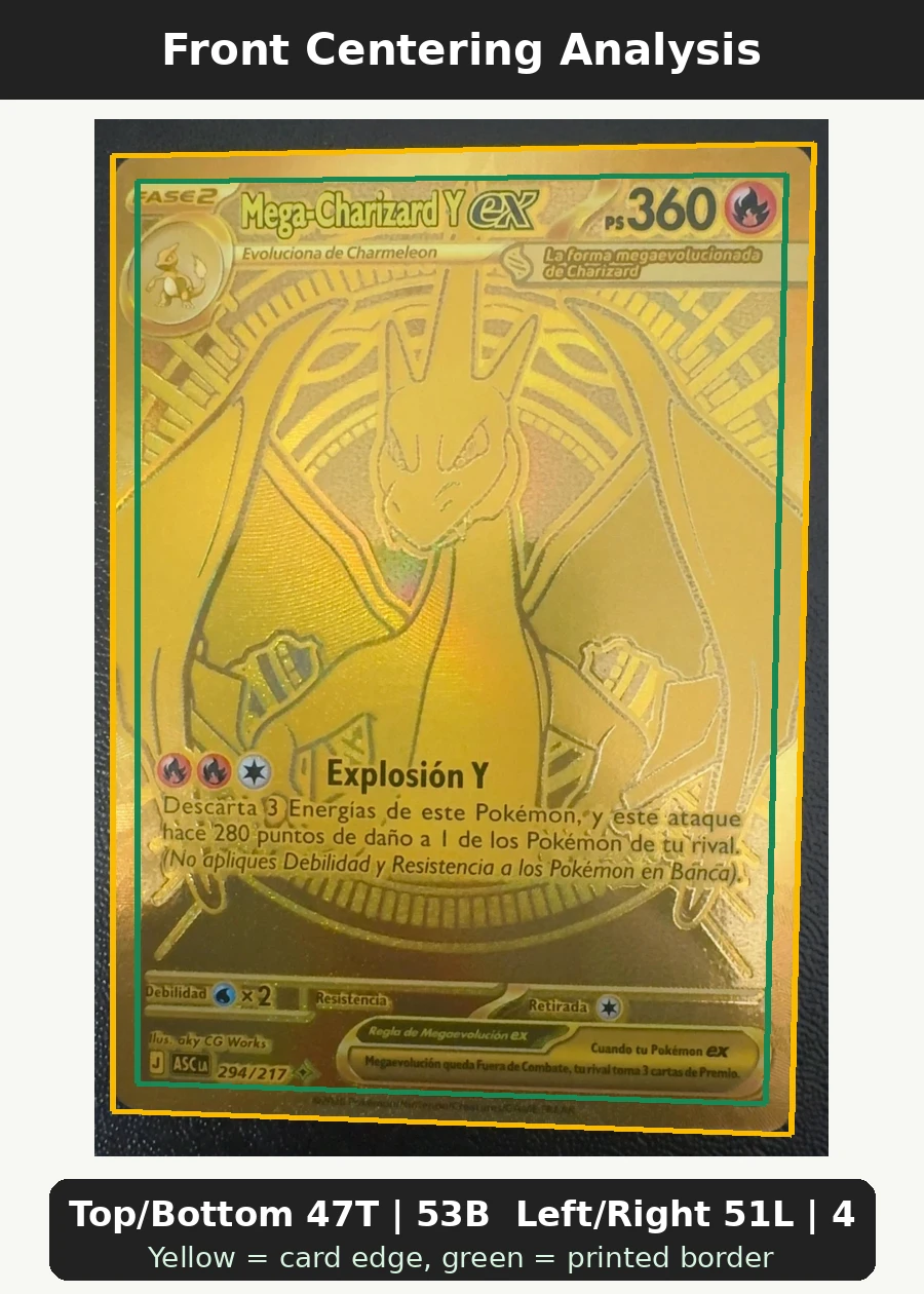Mega Charizard Y ex 294/217 Ascended Heroes front centering analysis showing Top/Bottom 47T | 53B and Left/Right 51L | 49R.