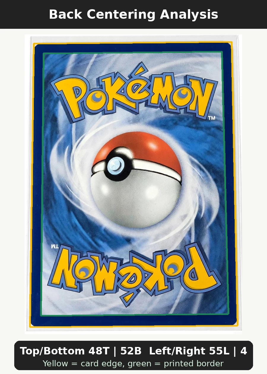 Pikachu with Grey Felt Hat 085/225 SVP Black Star Promos back centering analysis showing Top/Bottom 48T | 52B and Left/Right 55L | 45R.