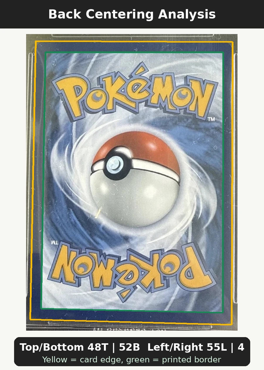Mew ex 053/225 SVP Black Star Promos back centering analysis showing Top/Bottom 48T | 52B and Left/Right 55L | 45R.