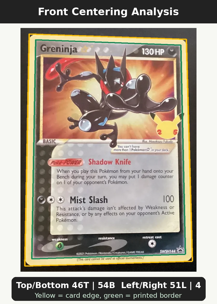 Greninja {star} SWSH144/307 SWSH Black Star Promos front centering analysis showing Top/Bottom 46T | 54B and Left/Right 51L | 49R.