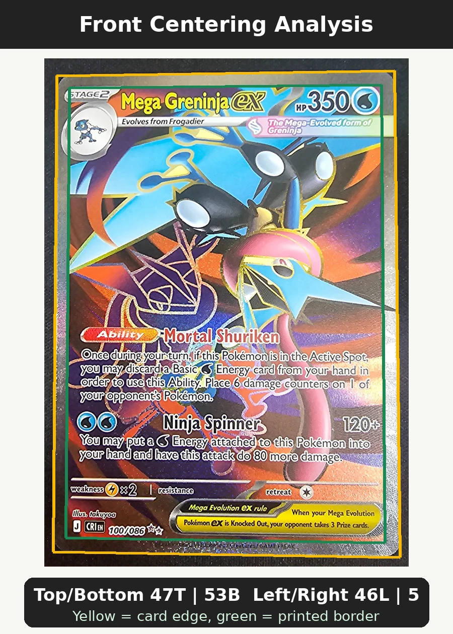 Mega Greninja ex 100/86 Chaos Rising front centering analysis showing Top/Bottom 47T | 53B and Left/Right 46L | 54R.