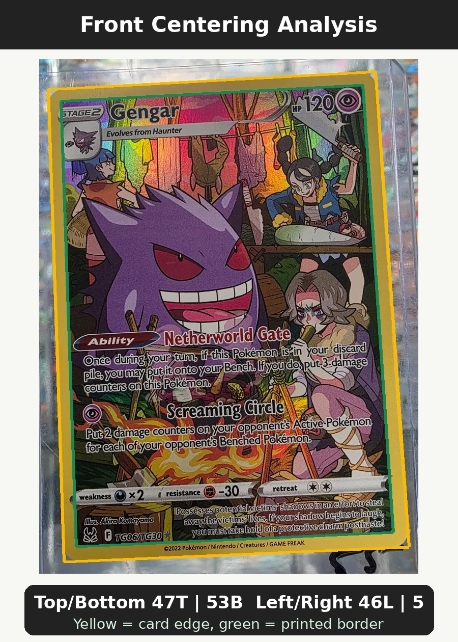 Gengar TG06/196 Lost Origin front centering analysis showing Top/Bottom 47T | 53B and Left/Right 46L | 54R.
