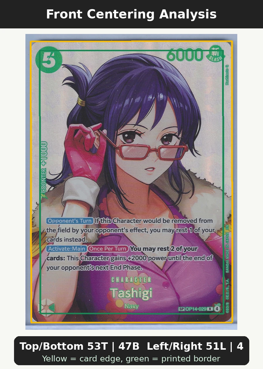 Tashigi (OP14-029) - SP OP14-029 The Azure Sea's Seven front centering analysis showing Top/Bottom 53T | 47B and Left/Right 51L | 49R.