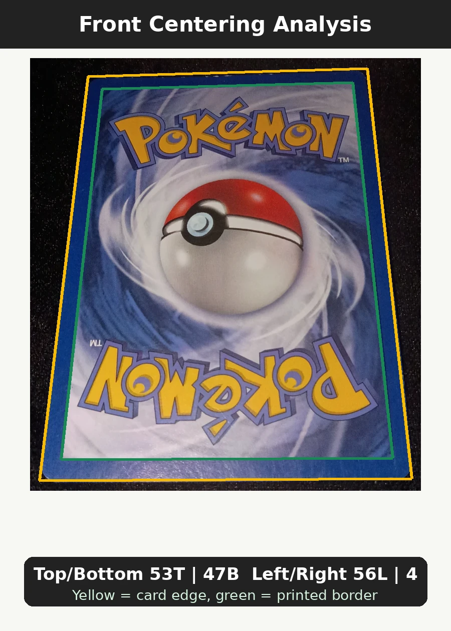 Pikachu 027/53 Wizards Black Star Promos front centering analysis showing Top/Bottom 53T | 47B and Left/Right 56L | 44R.