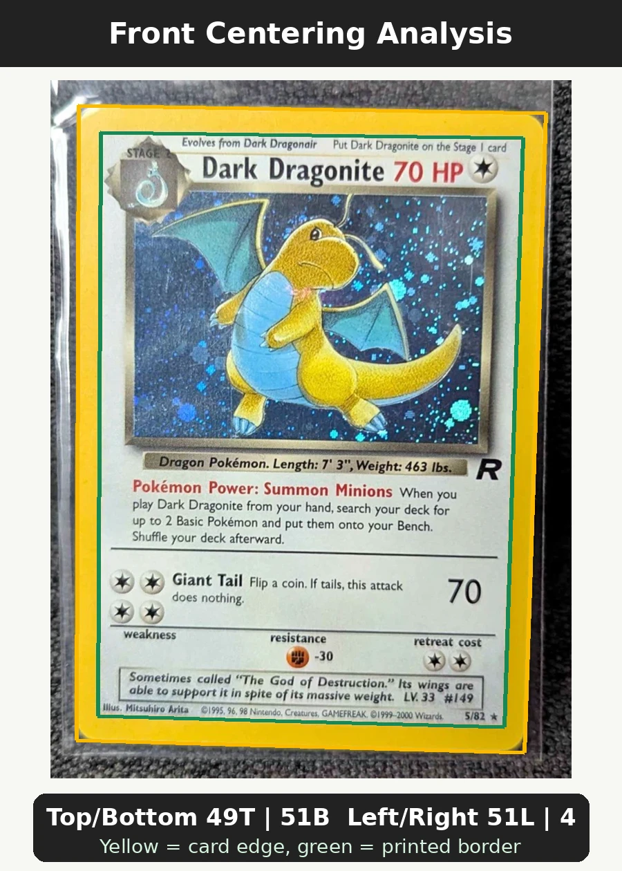 Dark Dragonite 005/82 Team Rocket front centering analysis showing Top/Bottom 49T | 51B and Left/Right 51L | 49R.