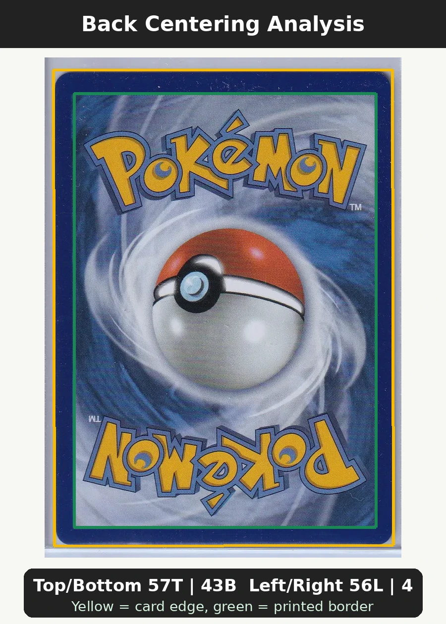 Meowth ex 121/88 Perfect Order back centering analysis showing Top/Bottom 57T | 43B and Left/Right 56L | 44R.