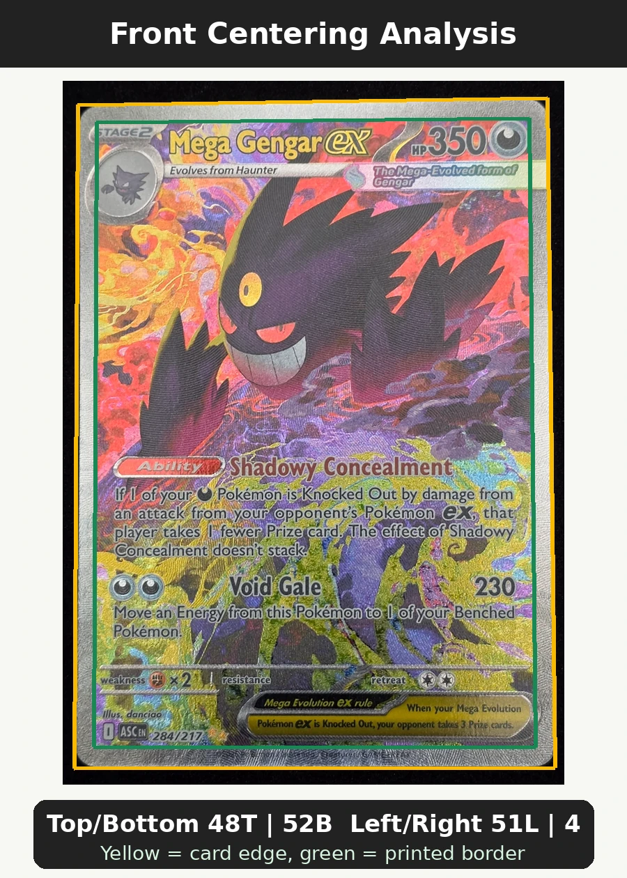 Mega Gengar ex 284/217 Ascended Heroes front centering analysis showing Top/Bottom 48T | 52B and Left/Right 51L | 49R.