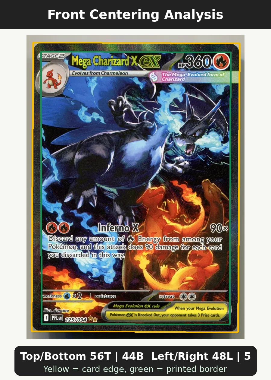 Mega Charizard X ex 125/94 Phantasmal Flames front centering analysis showing Top/Bottom 56T | 44B and Left/Right 48L | 52R.