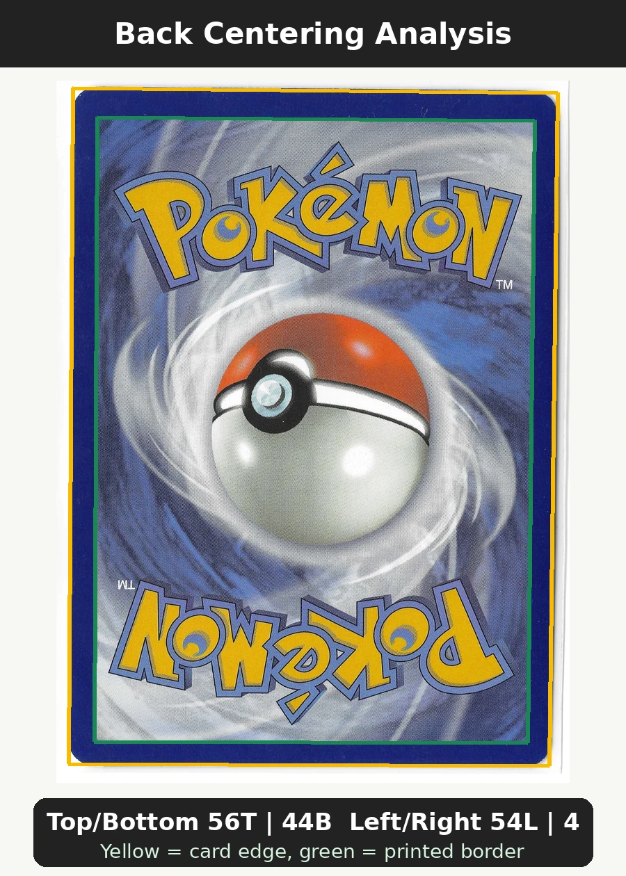 Mew ex 053/225 SVP Black Star Promos back centering analysis showing Top/Bottom 56T | 44B and Left/Right 54L | 46R.