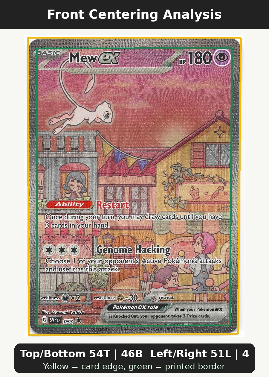 Mew ex 053/225 SVP Black Star Promos front centering analysis showing Top/Bottom 54T | 46B and Left/Right 51L | 49R.