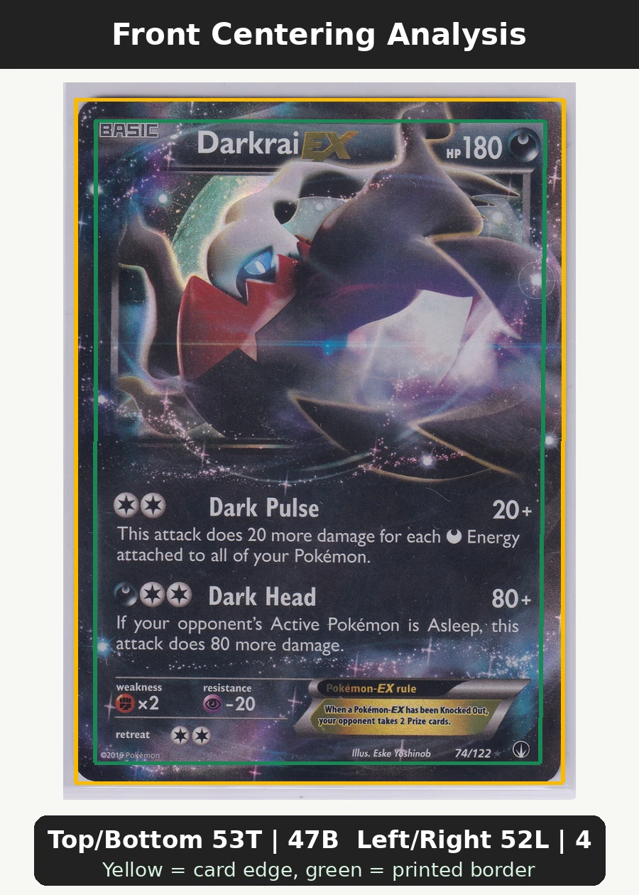 Darkrai EX 074/122 BREAKpoint front centering analysis showing Top/Bottom 53T | 47B and Left/Right 52L | 48R.