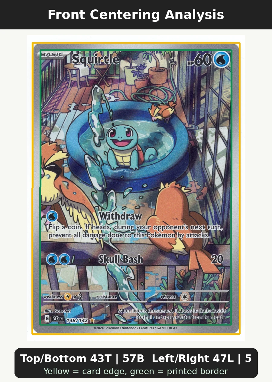 Squirtle 148/142 Stellar Crown front centering analysis showing Top/Bottom 43T | 57B and Left/Right 47L | 53R.