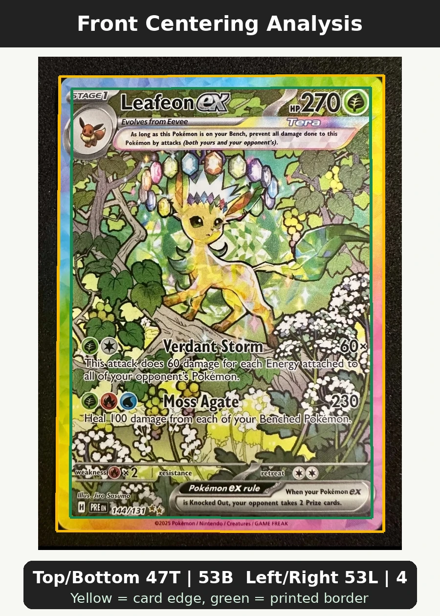 Leafeon ex 144/131 Prismatic Evolutions front centering analysis showing Top/Bottom 47T | 53B and Left/Right 53L | 47R.