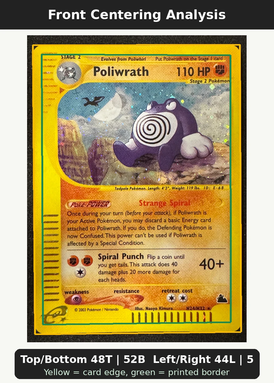 Poliwrath H24/144 Skyridge front centering analysis showing Top/Bottom 48T | 52B and Left/Right 44L | 56R.