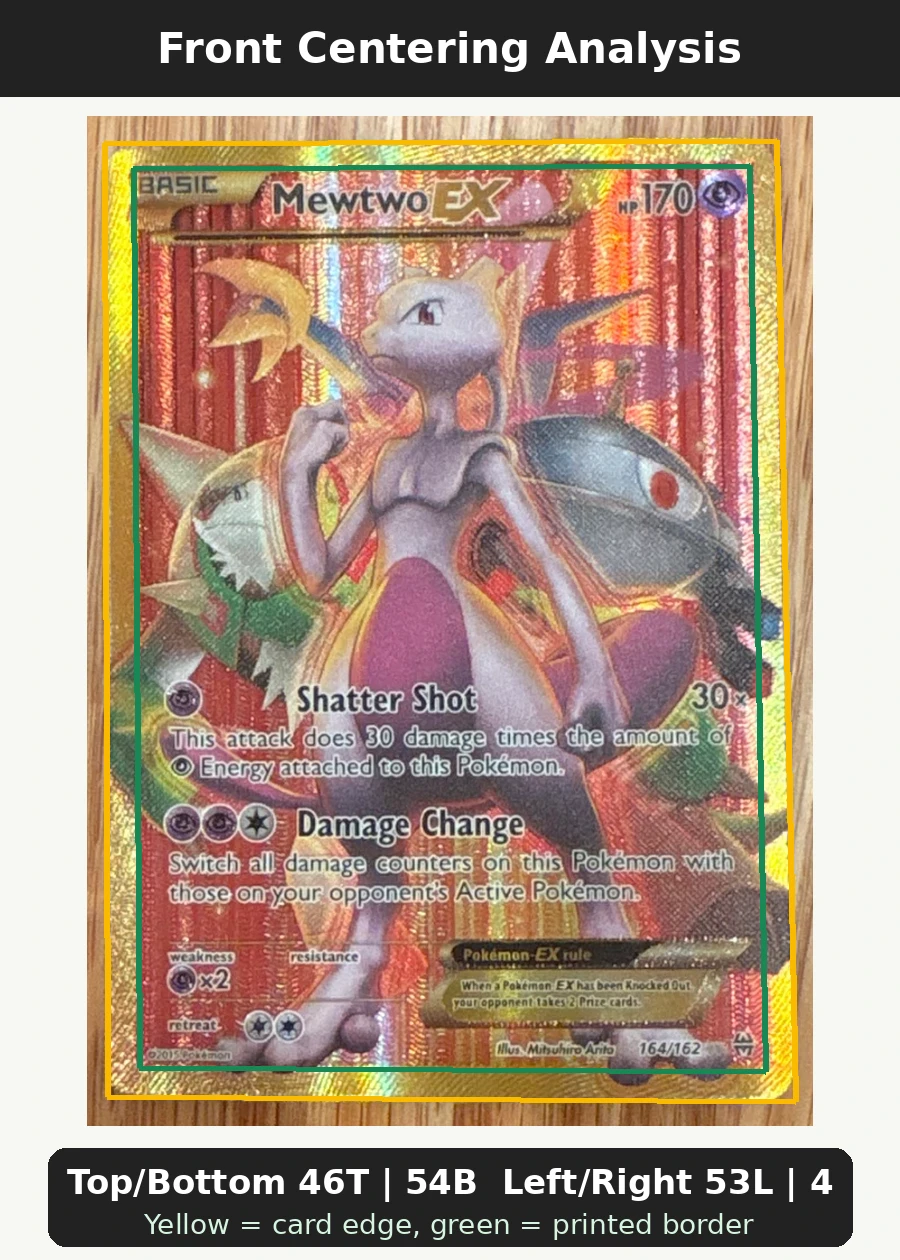 Mewtwo EX 164/162 BREAKthrough front centering analysis showing Top/Bottom 46T | 54B and Left/Right 53L | 47R.