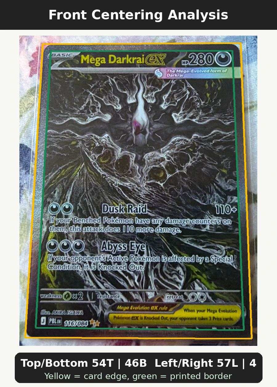Mega Darkrai ex 116/84 Pitch Black front centering analysis showing Top/Bottom 54T | 46B and Left/Right 57L | 43R.