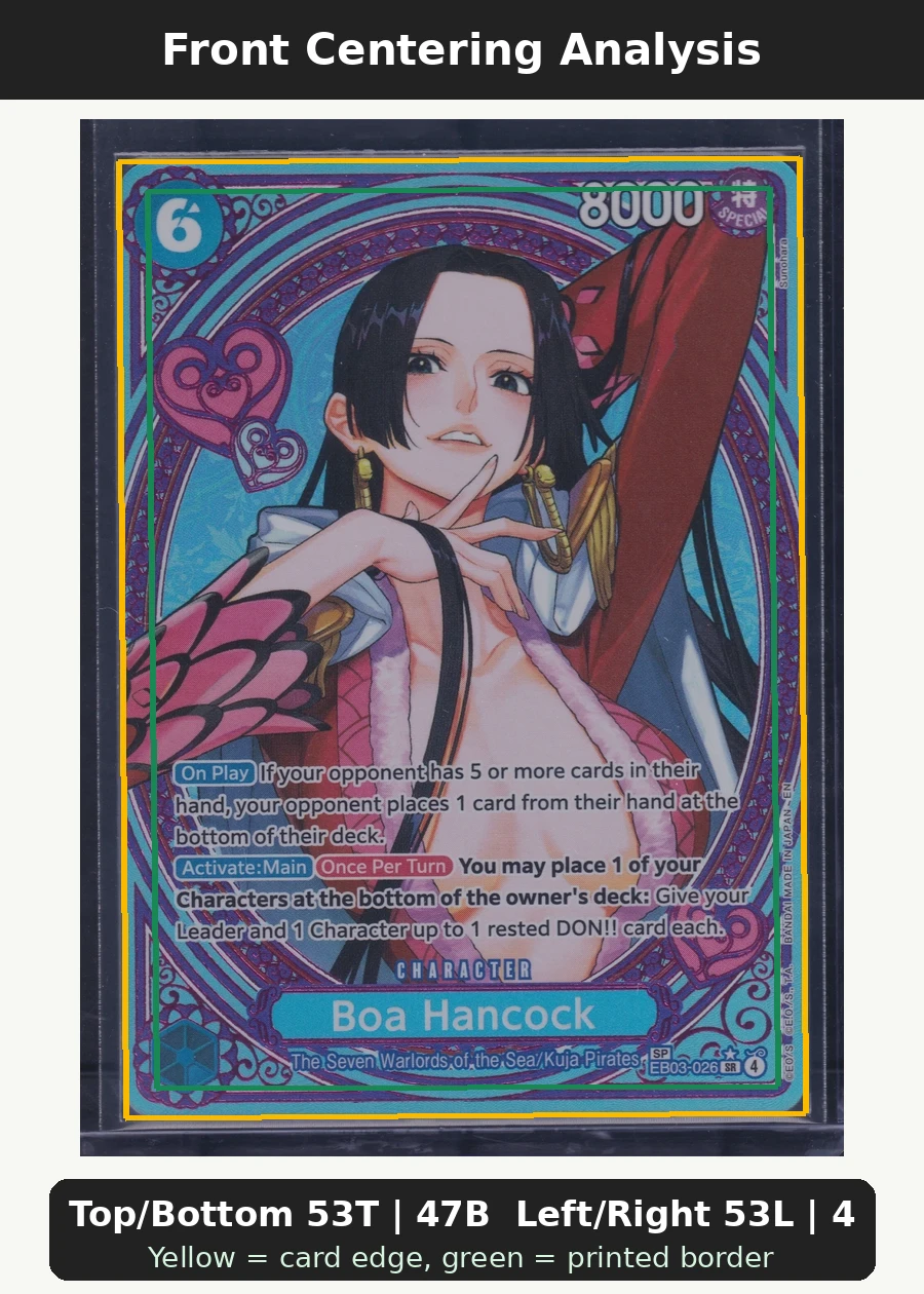 Boa Hancock EB03-026 Extra Booster: One Piece Heroines Edition front centering analysis showing Top/Bottom 53T | 47B and Left/Right 53L | 47R.