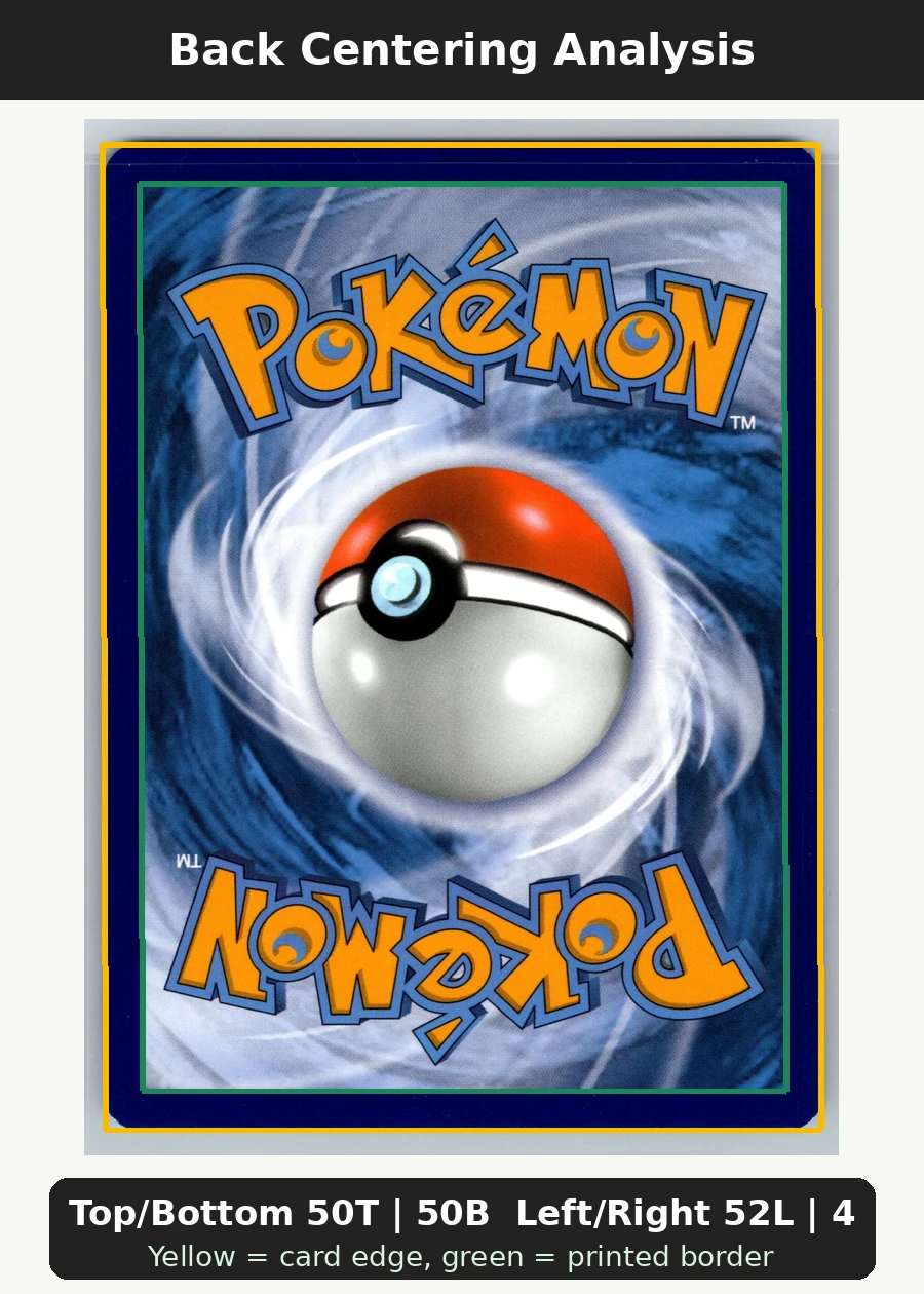Charizard VMAX SWSH261/307 SWSH Black Star Promos back centering analysis showing Top/Bottom 50T | 50B and Left/Right 52L | 48R.
