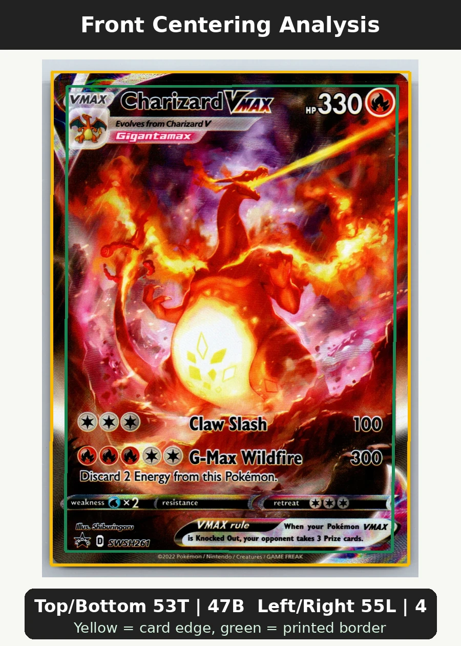 Charizard VMAX SWSH261/307 SWSH Black Star Promos front centering analysis showing Top/Bottom 53T | 47B and Left/Right 55L | 45R.