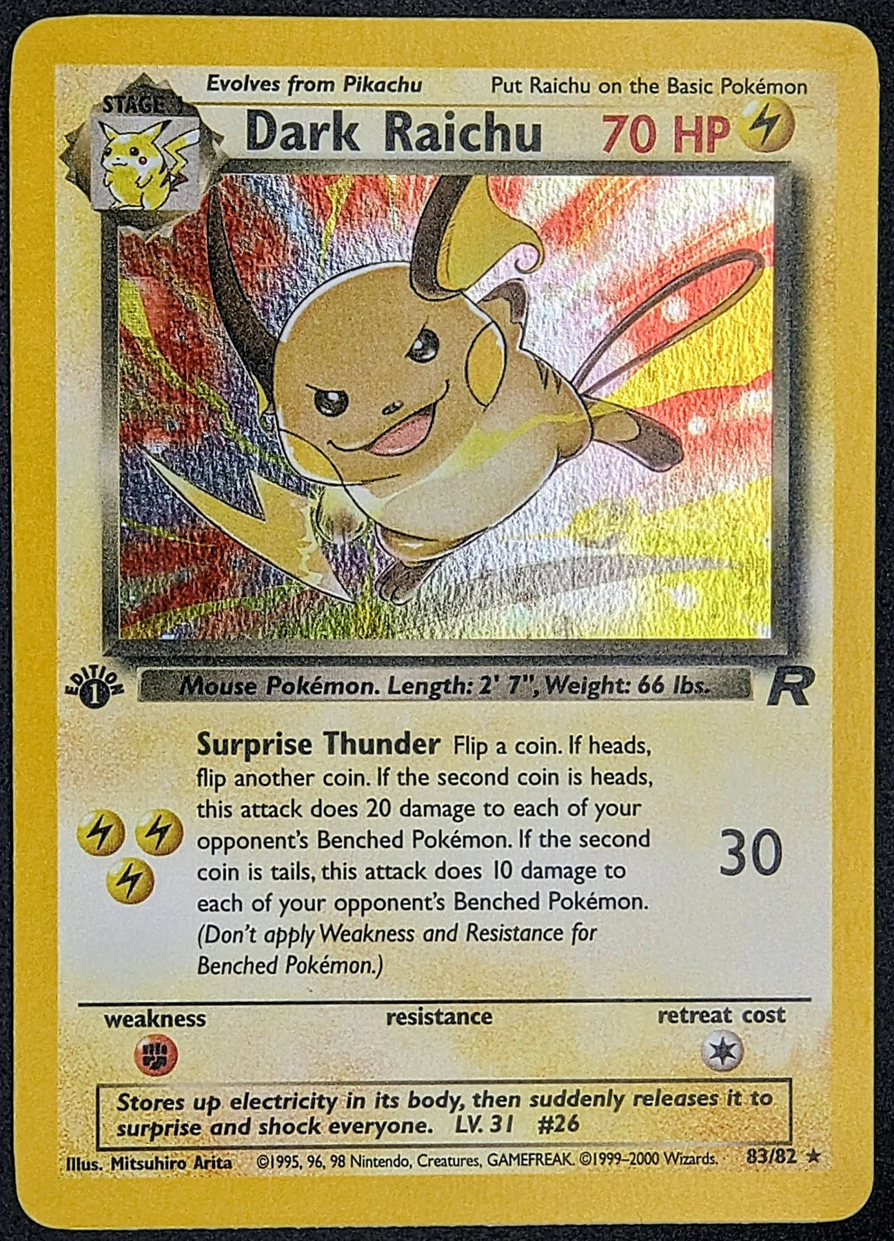 Dark Raichu 083/82 · First Edition Stamp Team Rocket front card photo in PokeToGrade pregrading report